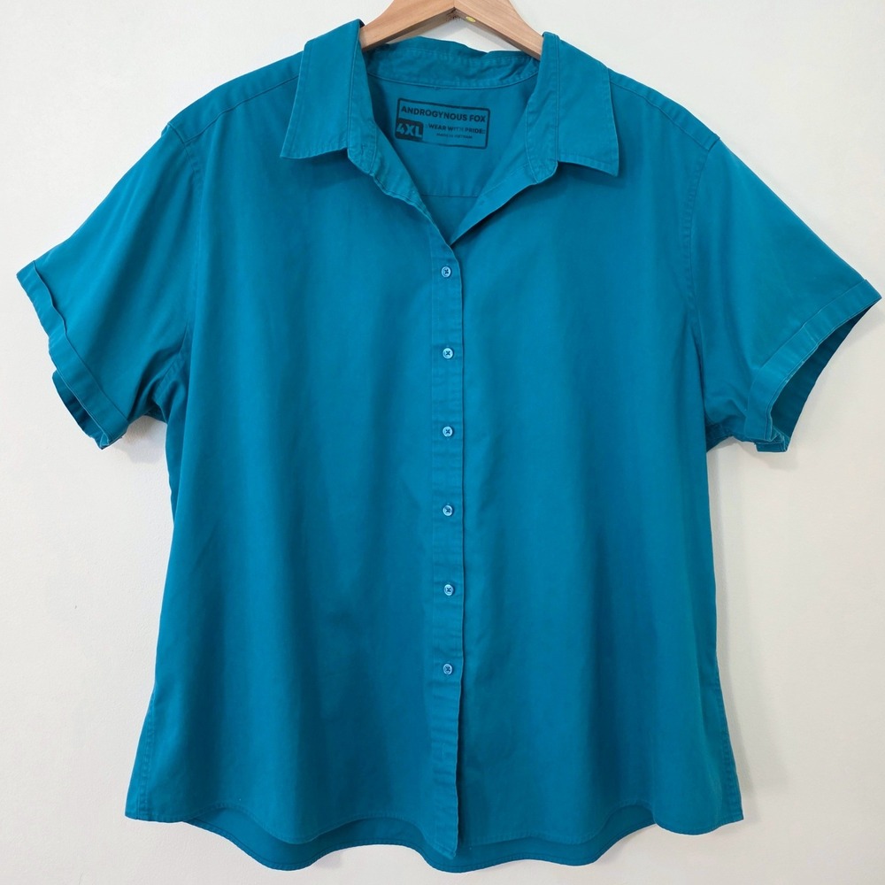 Androgynous Fox Short Sleeve Teal Button Up Top Sz 4XL Boxy Gender Neutral Shirt